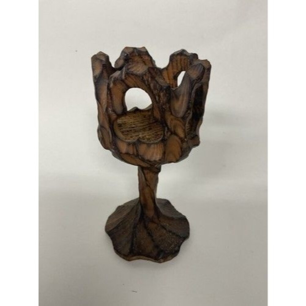 VTG Chine SE Crude Gothic Burnt Wood Carved Goblet/Candle Holder 6” Taiwan